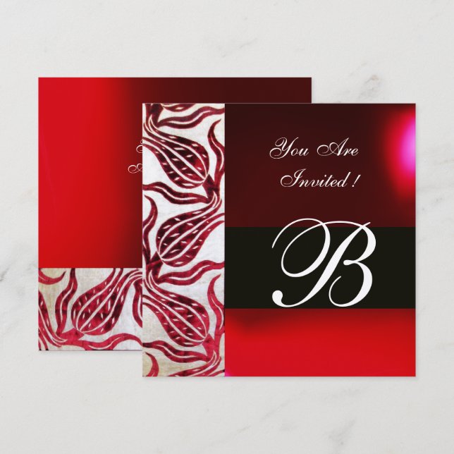 Invitation ROUGE VELVET DAMASK TULIPS MONOGRAMME Bourgogne Ar (Devant / Derrière)