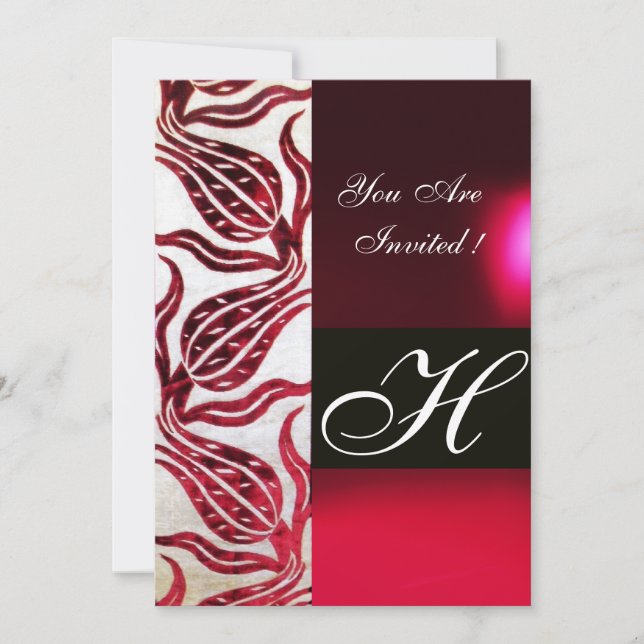Invitation ROUGE VELVET DAMASK TULIPS MONOGRAMME Bourgogne Bl (Devant)