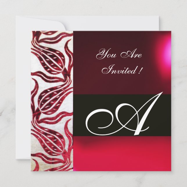 Invitation ROUGE VELVET DAMASK TULIPS MONOGRAMME Bourgogne Bl (Devant)