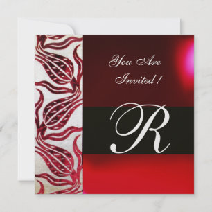 Invitation ROUGE VELVET DAMASK TULIPS MONOGRAMME Bourgogne Bl