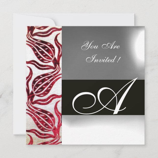 Invitation ROUGE VELVET DAMASK TULIPS MONOGRAMME Bourgogne Bl (Devant)