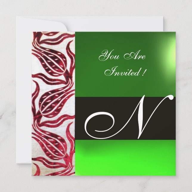 Invitation ROUGE VELVET DAMASK TULIPS MONOGRAMME Bourgogne Ve (Devant)