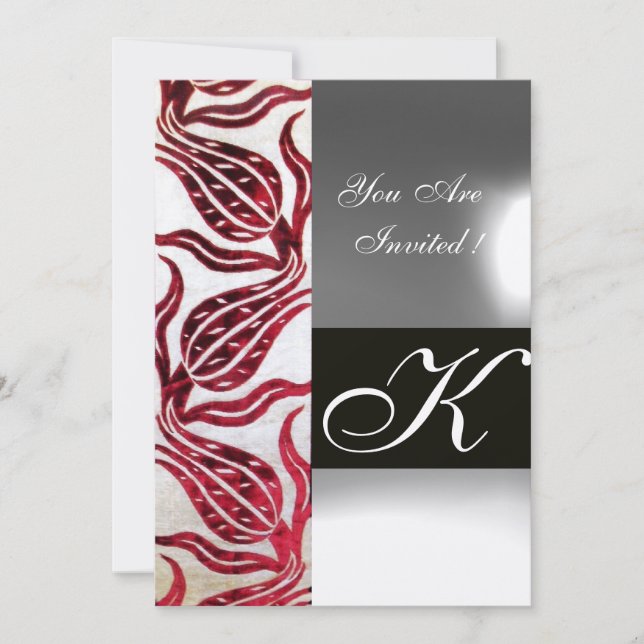 Invitation ROUGE VELVET DAMASK TULIPS MONOGRAMME Or Bourgogne (Devant)