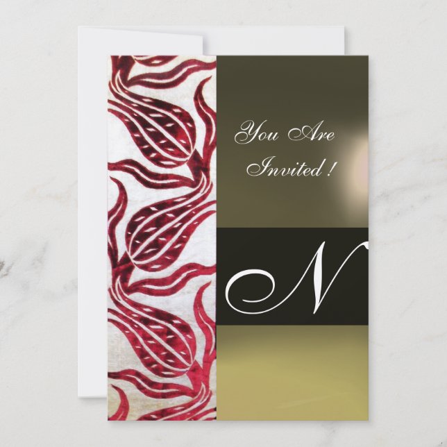 Invitation ROUGE VELVET DAMASK TULIPS MONOGRAMME Or Bourgogne (Devant)