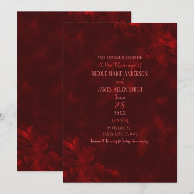 Invitation Rouge Velvet Élégant Vintage Glamour Mariage (Devant / Derrière)