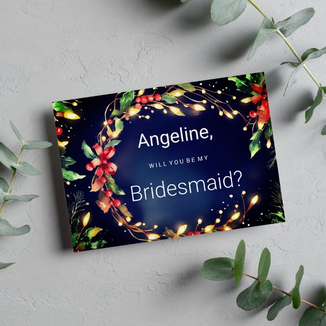 Invitation Rouge vert bleu fleur de Noël wreathe Bridesmaid (Red green blue Christmas floral wreathe Bridesmaid )