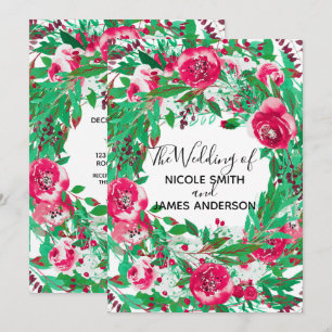Invitation Rouge Vert Fleurs Florales Noël Mariage Fêtes