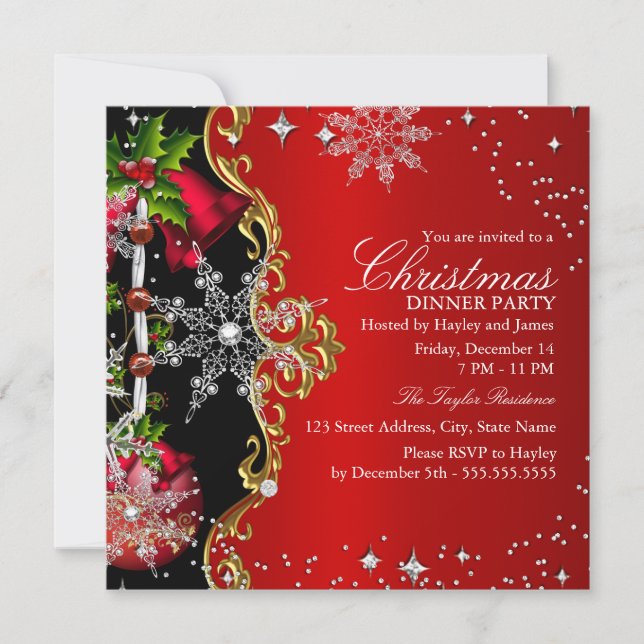 Invitation Rouge vert Flocon de neige noir Noël Dîner de fête (Devant)