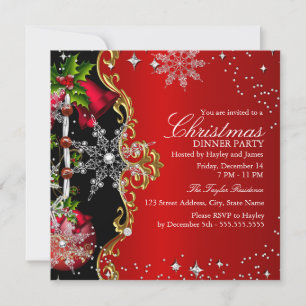 Invitation Rouge vert Flocon de neige noir Noël Dîner de fête