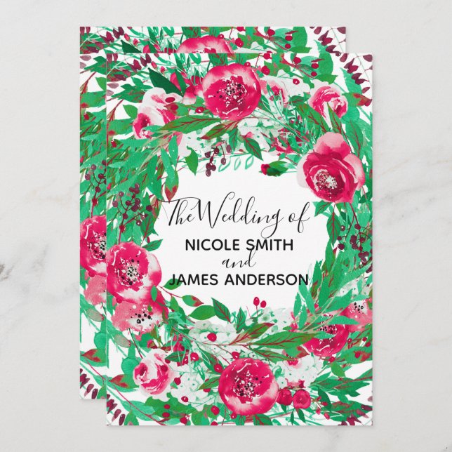 Invitation Rouge Vert Noël Fleurs florales Mariage (Devant / Derrière)