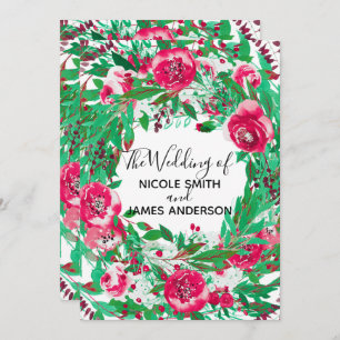Invitation Rouge Vert Noël Fleurs florales Mariage