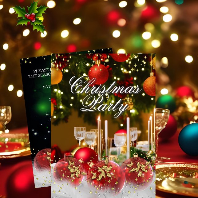 Invitation Rouge Vert Or Boules de Houx Soirée de Noël (Créateur téléchargé)