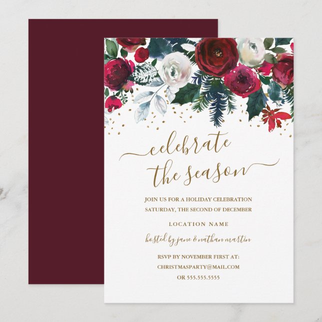 Invitation Rouge Vert Or Bourgogne Floral Noël Fête (Devant / Derrière)