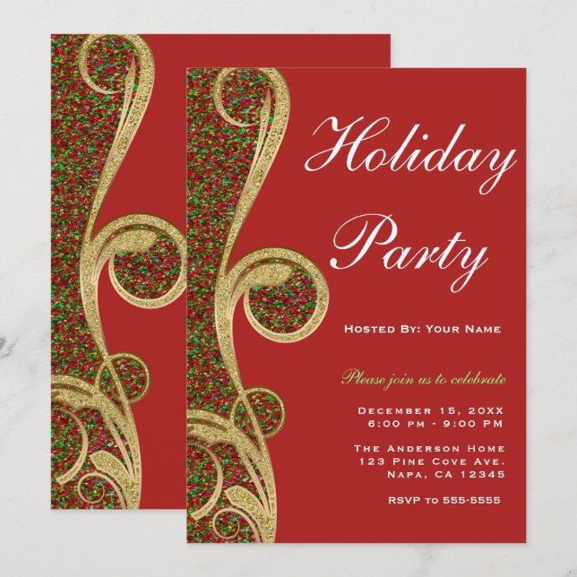 Invitation Rouge Vert Or Tourbillon Noël Fête de fin d'année (Devant / Derrière)