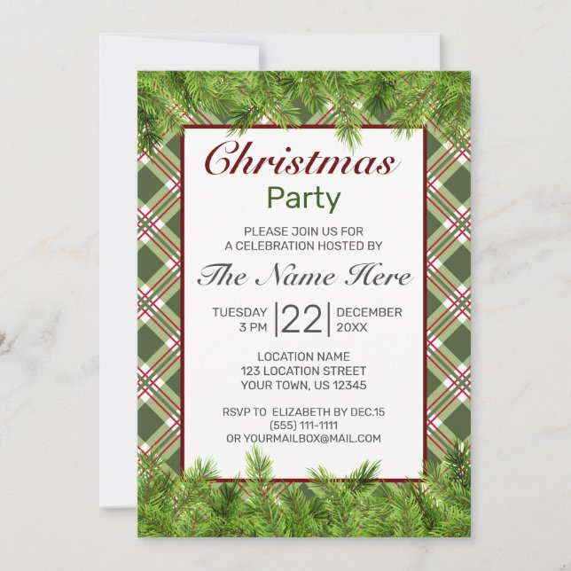 Invitation Rouge vert Pin Plaid Branche Joyeux Noël fête (Devant)