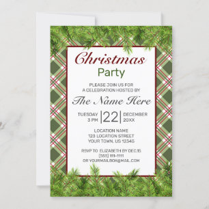 Invitation Rouge vert Pin Plaid Branche Joyeux Noël fête