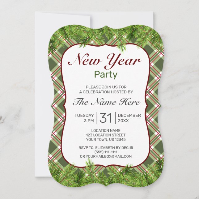 Invitation Rouge vert Plaid & Pine Branch New Year Party (Devant)