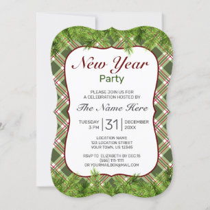 Invitation Rouge vert Plaid & Pine Branch New Year Party