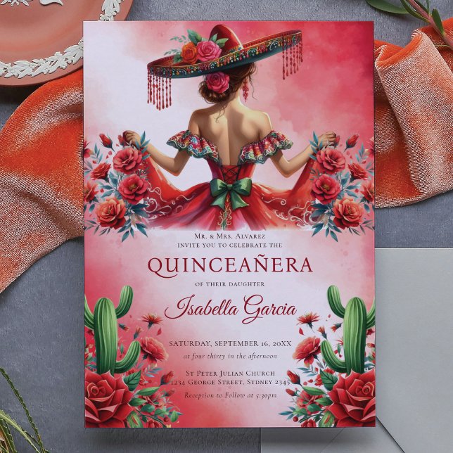 Invitation Rouge Vert style mexicain Quinceañera (Créateur téléchargé)