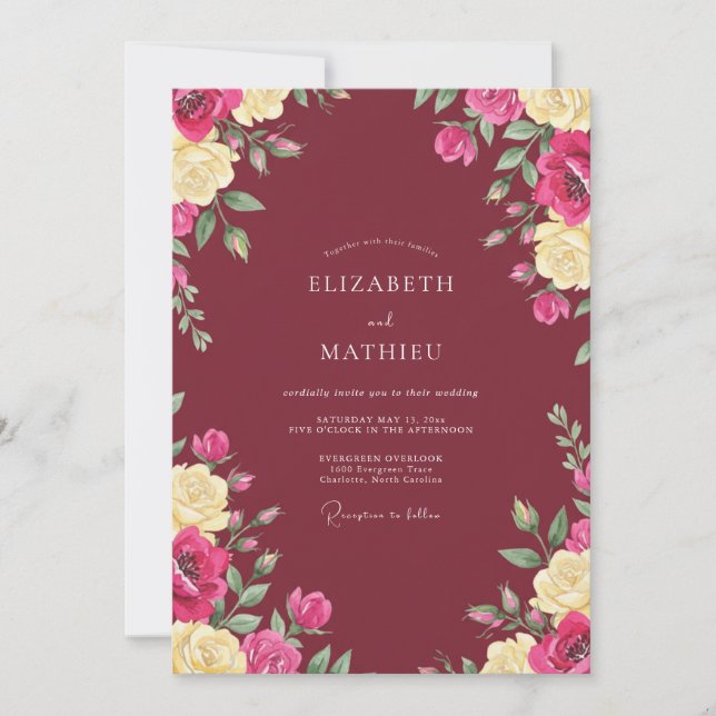 Invitation Rouge Vin Floral Élégant Mariage (Devant)