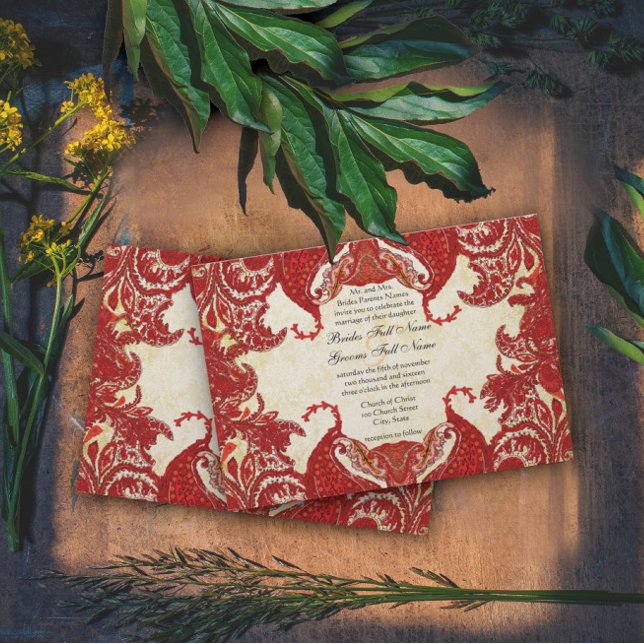 Invitation Rouge Vintage Paisley Mariage damassé (Créateur téléchargé)