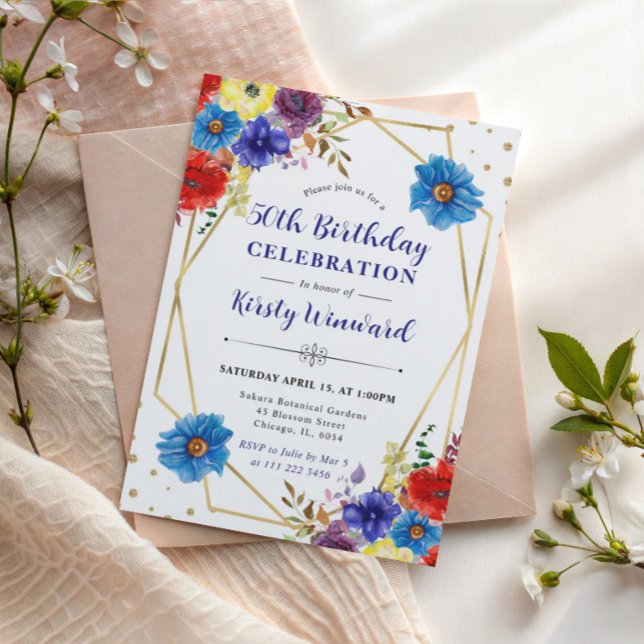 Invitation Rouge, Violet et Bleu  Fleurs d'Été 50e Anniversai (Créateur téléchargé)