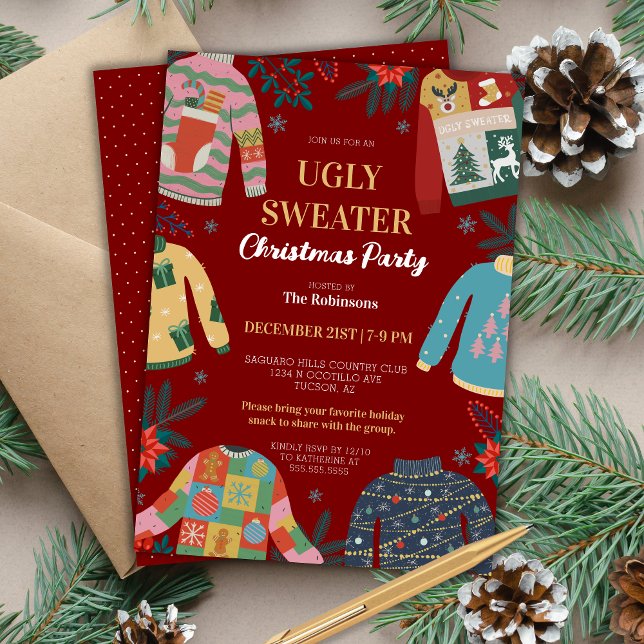 Invitation Rouge Vraiment moche Noël Sweat Fête de Noël (red really ugly christmas sweater party invitation for funny holiday party with humor and retro)