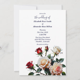 Invitation Rouges éclatants et roses blanches florales mariag