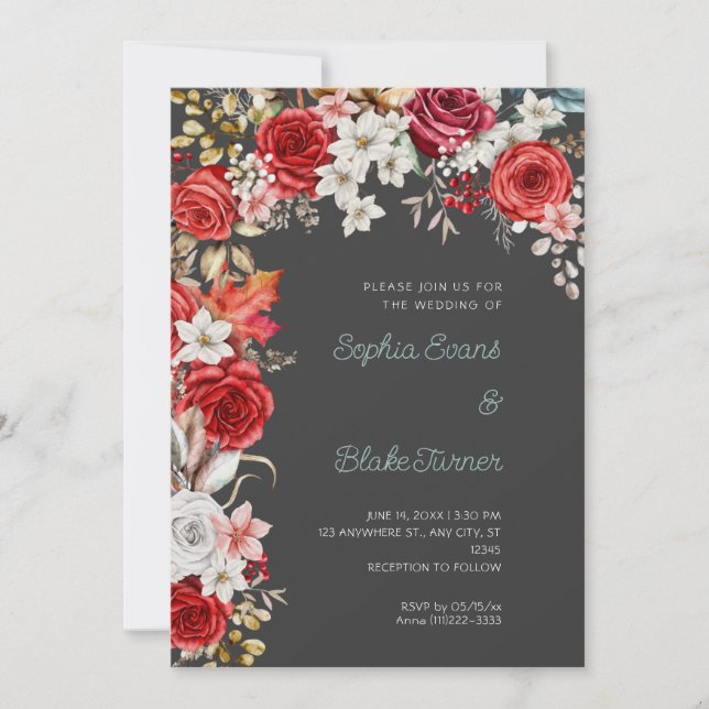 Invitation Rouges Romantiques et Roses Blanches sur Fond Gris (Devant)