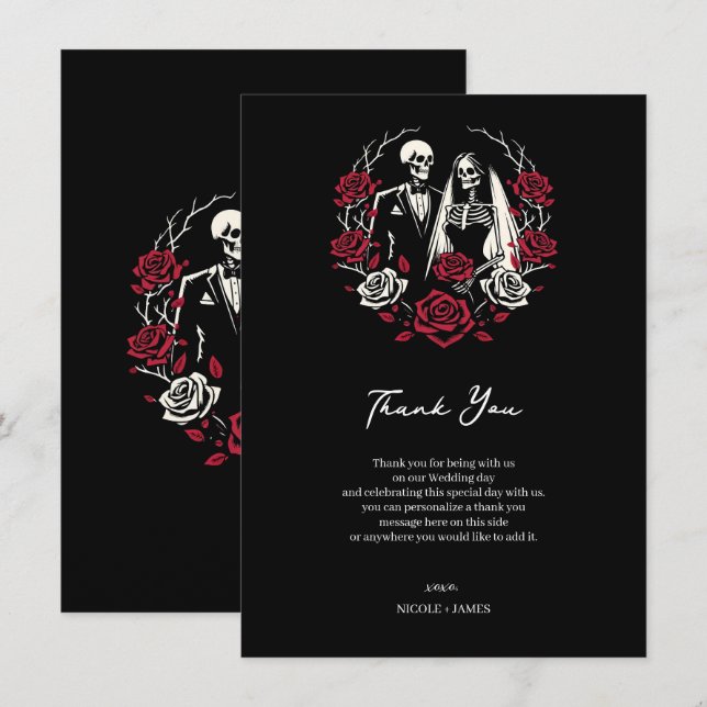 Invitation Rouges & Roses Blanches Squelette Mariage Merci (Devant / Derrière)