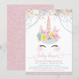 Invitation Rougissent le baby shower rose de fille de licorne