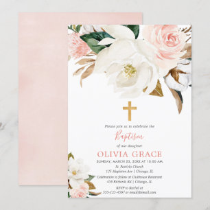 Invitation Rougissent le baptême rustique floral blanc rose
