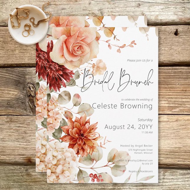 Invitation Rouille d'automne épicée et Boho floral Brunch nup (Spicy Fall Rust & Blush Boho Floral Bridal Brunch Invitation)