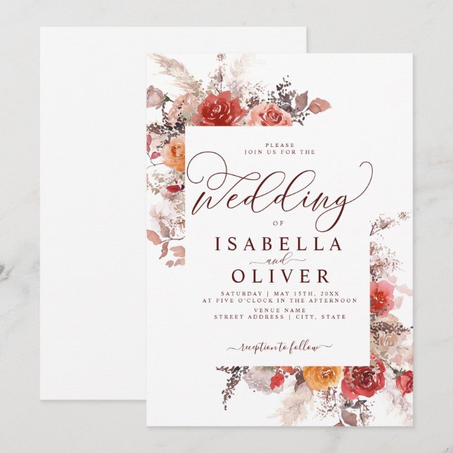 Invitation Rouille Rouge Brûlé Orange BohoTerracotta Mariage  (Devant / Derrière)