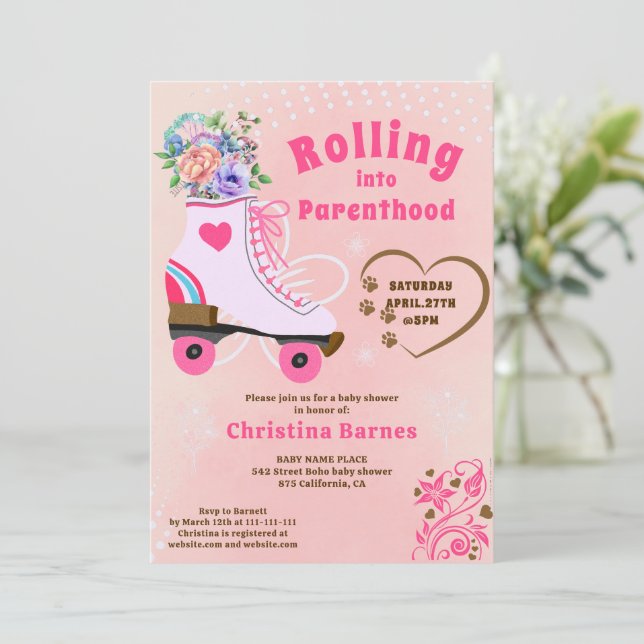 Invitation Roulage à rouleaux de teint floral rétro boho bébé (Debout devant)