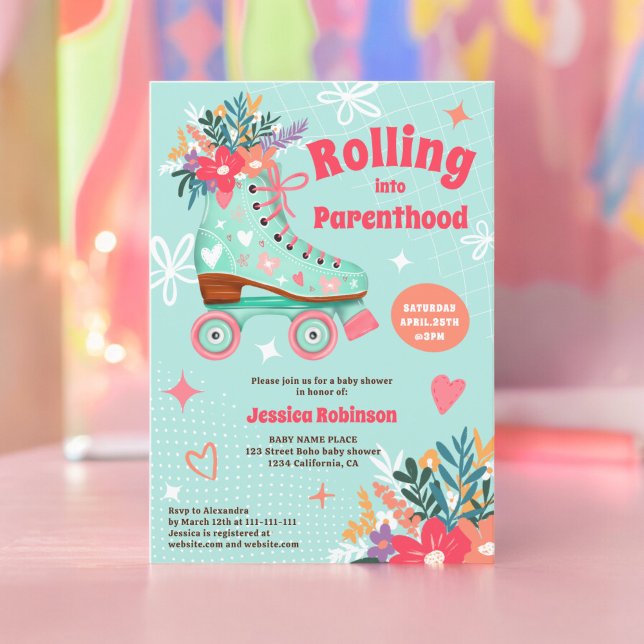Invitation Roulage à rouleaux de teint floral rétro boho bébé (Retro floral teal roller skate boho baby shower invitation)