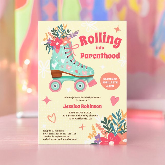 Invitation Roulage à rouleaux de teint floral rétro boho bébé (Retro floral teal roller skate boho baby shower invitation yellow)