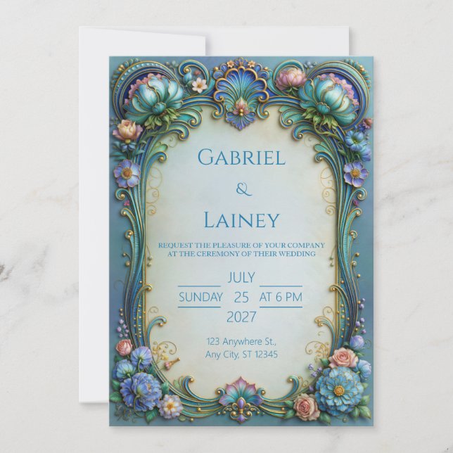 Invitation Rouleau de Fleurs de Turquoise pour Mariage (Devant)