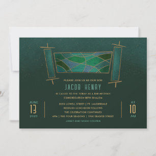 Invitation Rouleau de Torah en mosaïque vert émeraude pour Ba