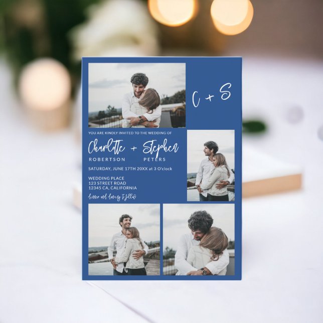 Invitation Rouleau décontracté moderne 5 photos mariage (Modern blue casual initials 5 photos wedding invitation)