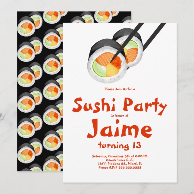 Invitation Rouleaux de sushi aquarelle pour l'anniversaire d' (Devant / Derrière)