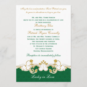 Invitation Rouleaux verts d'or blanc, shamrocks épousant