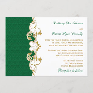 Invitation Rouleaux verts d'or blanc, shamrocks épousant