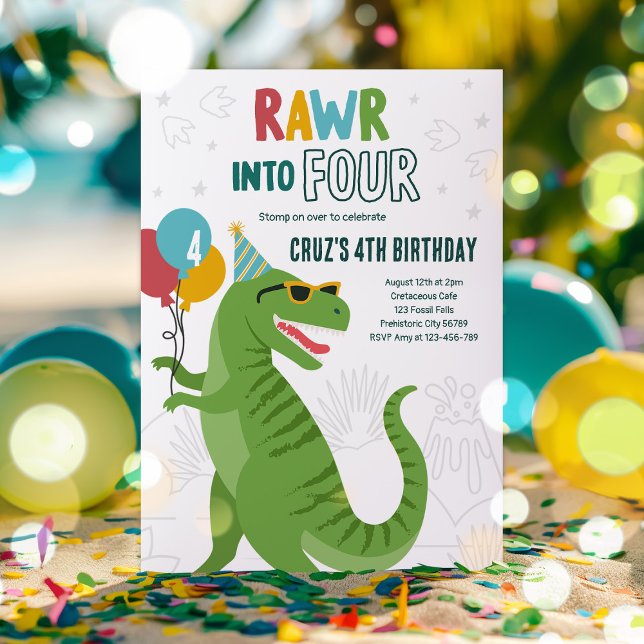 Invitation Rouler dans quatre T-Rex Dinosaur 4e fête d'annive (Créateur téléchargé)