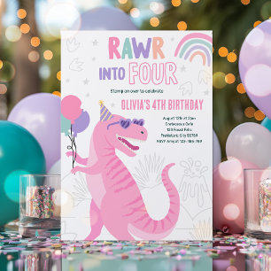 Invitation Rouler dans quatre T-Rex Dinosaur 4e fête d'annive