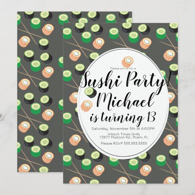 Invitation Roulés de sushis gris Restaurant d'anniversaire Hi (Devant / Derrière)
