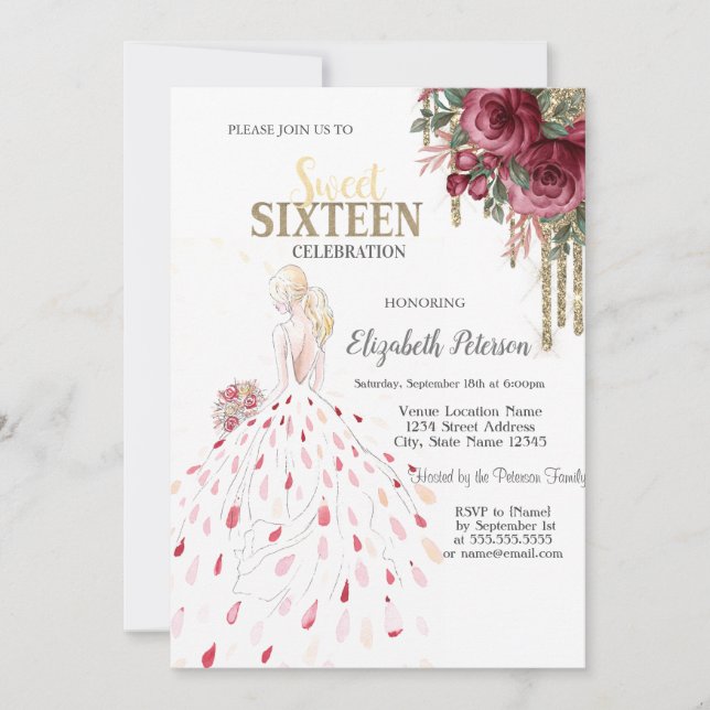 Invitation Roulettes d'or, Robe, Aquarelle Rose Sweet 16 (Devant)