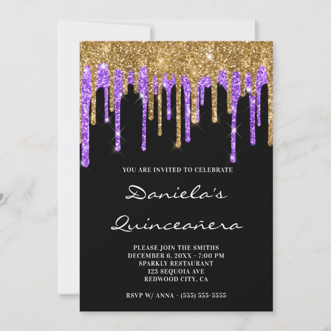 Invitation Roulettes Parties scintillant violet or noir Quinc (Devant)