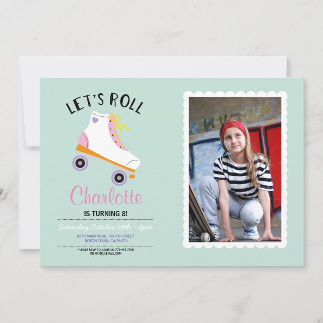 Invitation Roulons Rollerskate Girls Birthday Party Photo (Devant)
