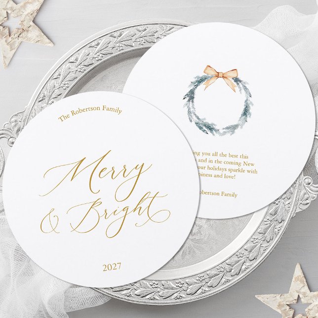 Invitation Round Christmas Card with Gold Script and Wreath (Créateur téléchargé)